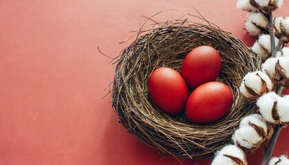 pastel red easter eggs in bird s nest on pastel red background with cotton branches top view easter composition with copy space in flat lay minimalist style happy easter concept for design