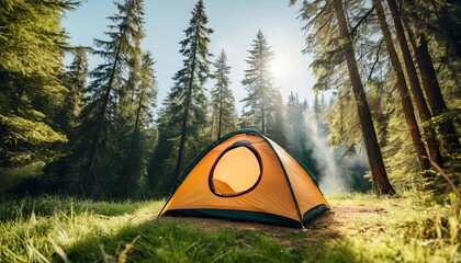 a picturesque camping spot amidst the forest a beautiful tent pitched generative ai - Powered by Adobe