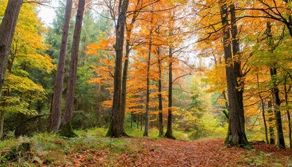 Fototapeta premium a forest with trees in various stages of autumn the trees are mostly orange but some are still green scene is peaceful and serene as the trees are in a natural setting