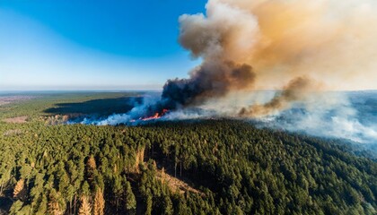 aerial view of a massive forest fire drone top view of wildfire with smoke and burning trees from the height of a bird flight ecological catastrophe 6k high resolution image generative ai