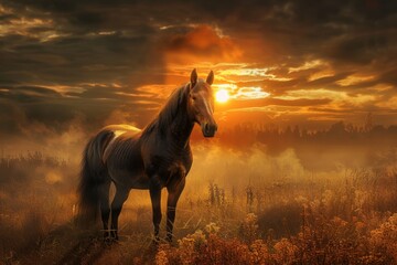 Horse in natural landscape at dusk, under a sunset sky with clouds