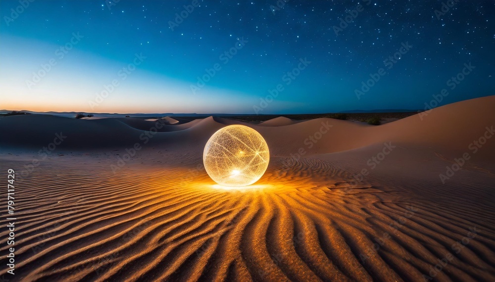 Poster a close up on the surface of a desert with a light sphere illuminating the intricate textures of the sand under a vast sky peppered with stars capturing a moment of tranquility and mystery 8k