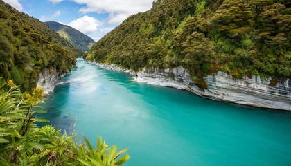 brilliant turquoise water caused by glacial flour flows through hokitika gorge surrounded by rocky...