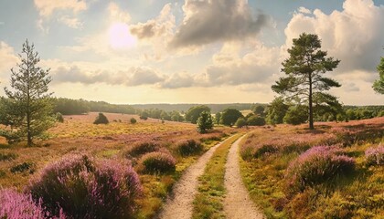 Fototapeta premium panorama wanderweg durch heidelandschaft mit bluhendem heidekraut luneburger heide