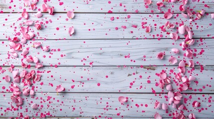 A wooden background with pink petals scattered all over it
