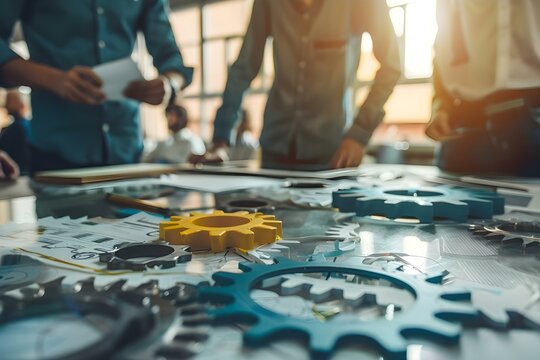 Business team collaborates on process design using string gear metaphor. Concept Team Collaboration, Process Design, String Gear Metaphor, Business Development