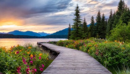 wooden walking path on one mile lake with flowers picture taken in pemberton british columbia canada dramatic sunrise sky art render - obrazy, fototapety, plakaty