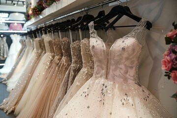 A rack of white and gold dresses are on display. The dresses are all different styles and lengths