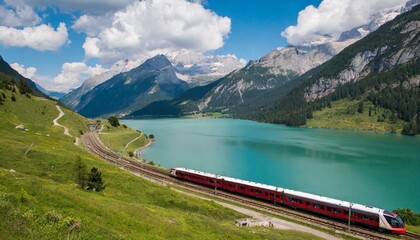 the train passes in the mountains in front of an alpine lake