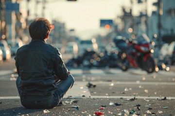 Obraz premium Car crash devastated person crying auto accident insurance cover wreck driver damage health issue emergency situation injury safety concern assistance highway road hit sad helpless pain medical