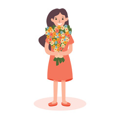 A female character holds a flower arrangement in her hands. Vector flat cartoon character isolated happy woman with bouquet. Holiday or birthday, romantic anniversary gift, love and tenderness