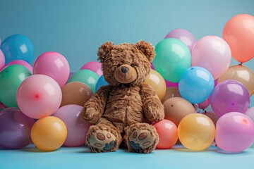 A teddy bear is sitting in a pile of colorful balloons. The balloons are scattered around the bear, creating a fun and playful atmosphere. Concept of joy and happiness, as the teddy bear