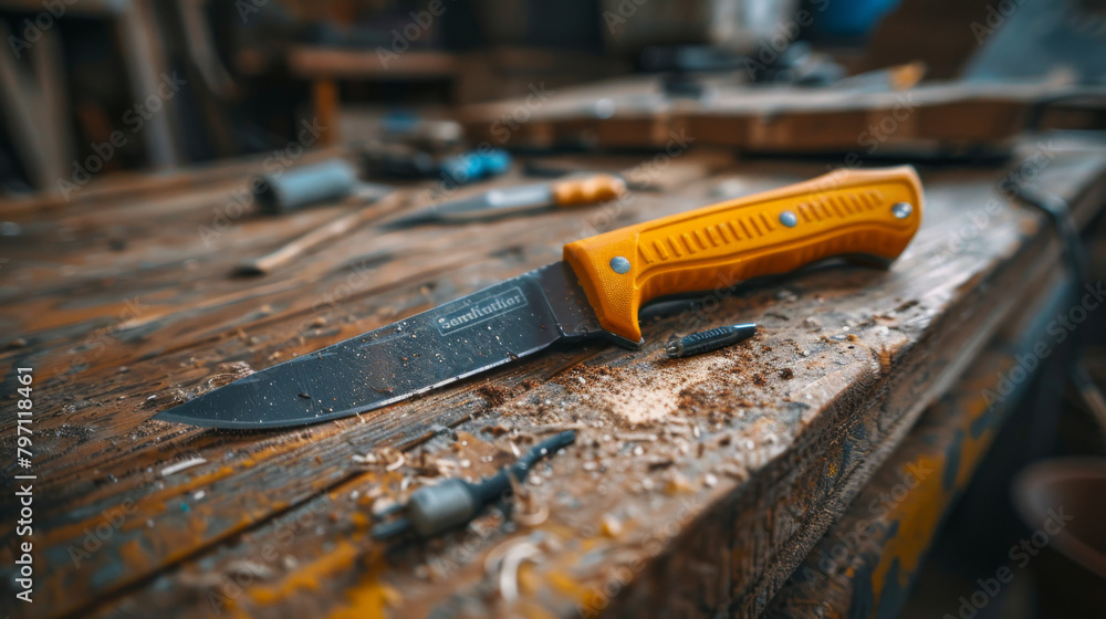 Poster a utility knife with an orange handle surrounded by bits and screws on a rustic wooden table.