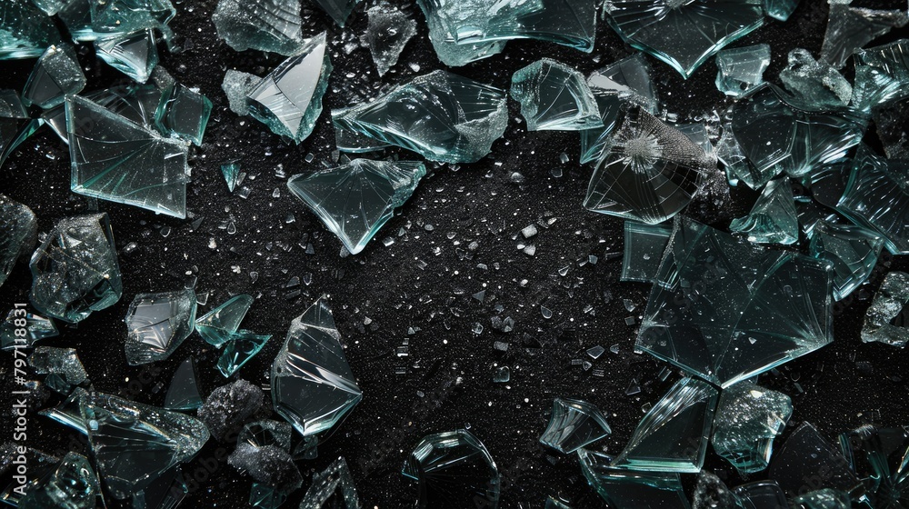Poster a close up of broken glass on a black background. the glass is scattered in various sizes and shapes