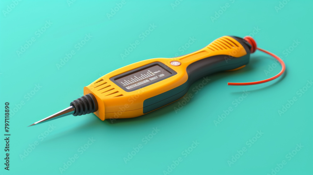 Poster an analog multimeter tool with red wire, showcased on a simple teal background, reflecting functiona