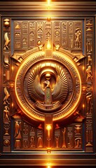 A golden cartouche bearing the image of Horus the falcon god, set against an ornate stone wall adorned with intricate hieroglyphics and symbols.