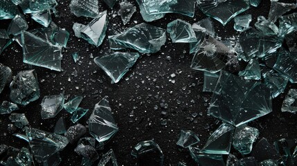 A close up of broken glass on a black background. The glass is scattered in various sizes and shapes, creating a sense of chaos and disorder. The image evokes a feeling of fragility and vulnerability