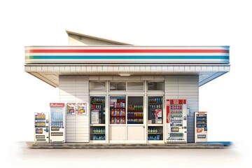 Fototapeta premium Architecture illustration convenience store kiosk white background supermarket.