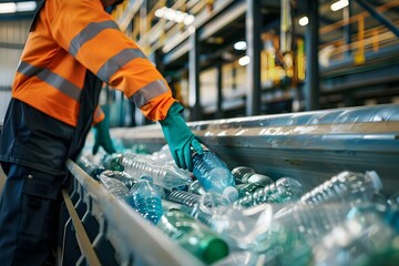 Employee sorts plastic bottles at recycling plant. Concept Recycling, Employee, Plastic Bottles, Sorting, Environmental Conservation