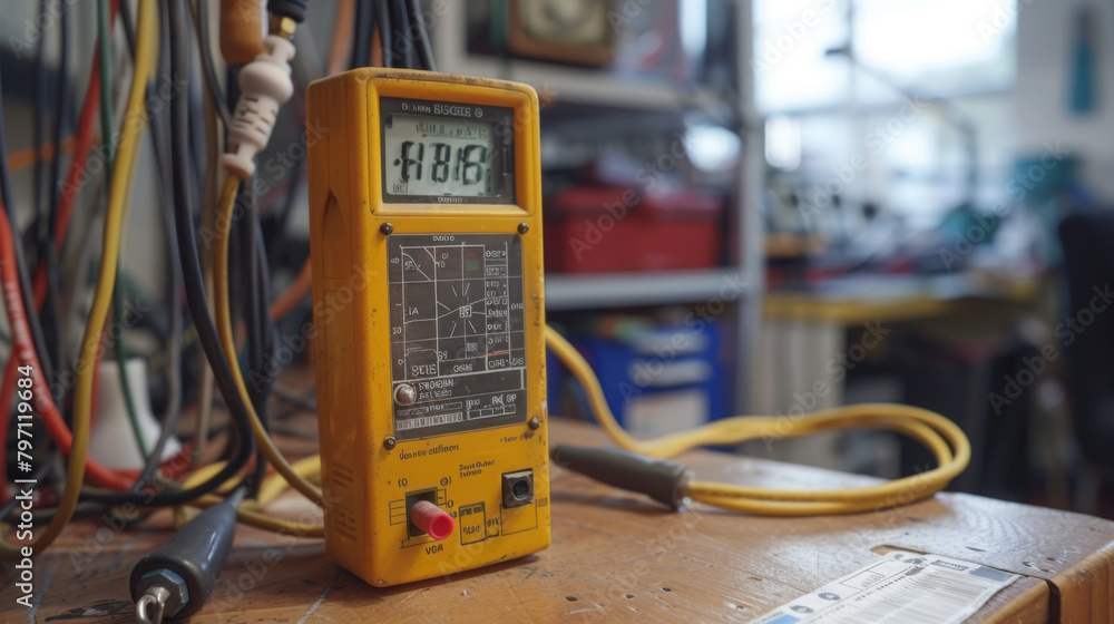Poster yellow digital multimeter displaying readings on a cluttered workshop table surrounded by wires.