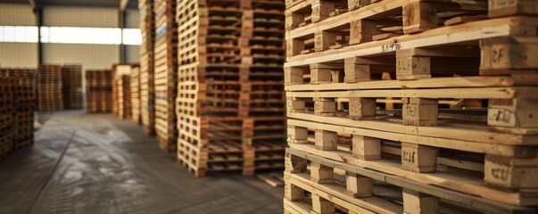 Wide view of stacked wooden pallets in a warehouse with ample space