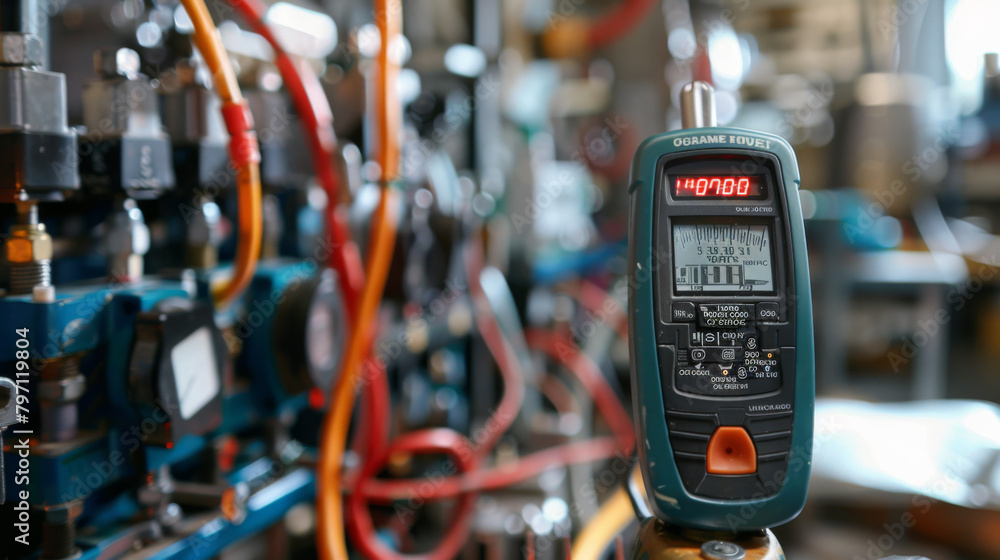 Poster a close-up of a digital multimeter displaying readings amidst a complex array of industrial machiner