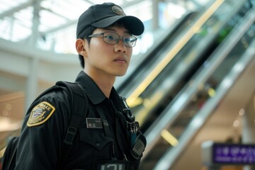 Obraz premium Security guard professional safety patrol man police employee mall safe business protect serve confident authority public space secure guarding agent staff shop convenience store grocery