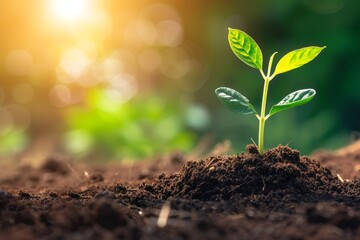 Fototapeta premium Young plant sprouting from soil with sunlight