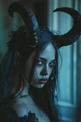 Mysterious woman in dark costume with horns