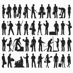 Vector silhouettes of men and a women, a group of standing business people, black color isolated on white background