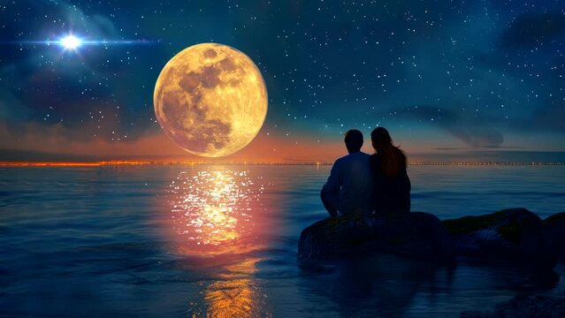 a couple watch full moon and falling star at night romantic in silhouette video animation background looping 4k