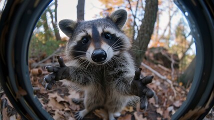 raccoon dancing fish eye meme reaching out with curious eyes and paws in autumn forest