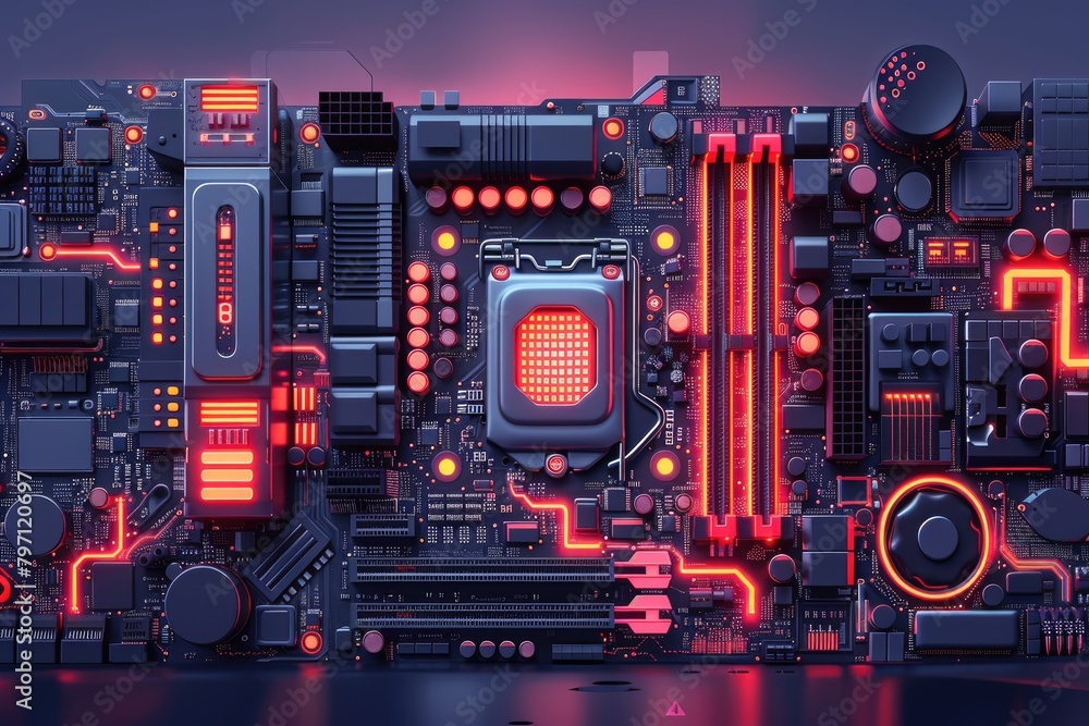 Poster a computer motherboard with a red glowing processor. the image is a representation of a computer's i
