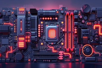 A computer motherboard with a red glowing processor. The image is a representation of a computer's internal components