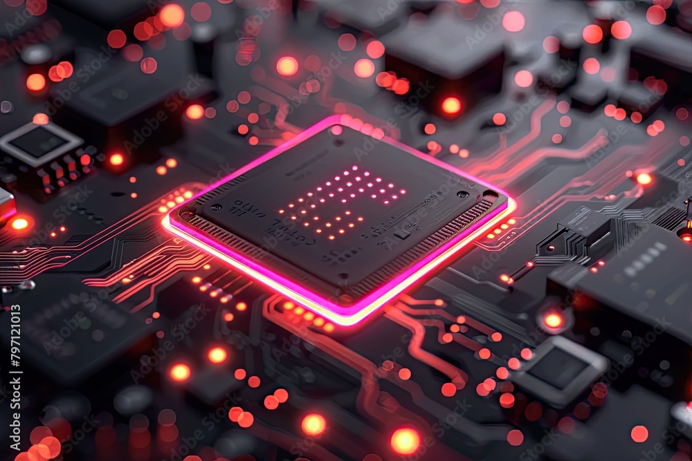 Poster a computer chip with a red glowing