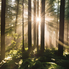 sunbeams piercing through tall trees in a serene forest, casting beautiful light rays and shadows on the ground.
