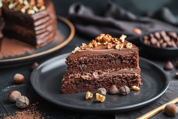 Decadent chocolate cake slice with hazelnut topping on a dark plate