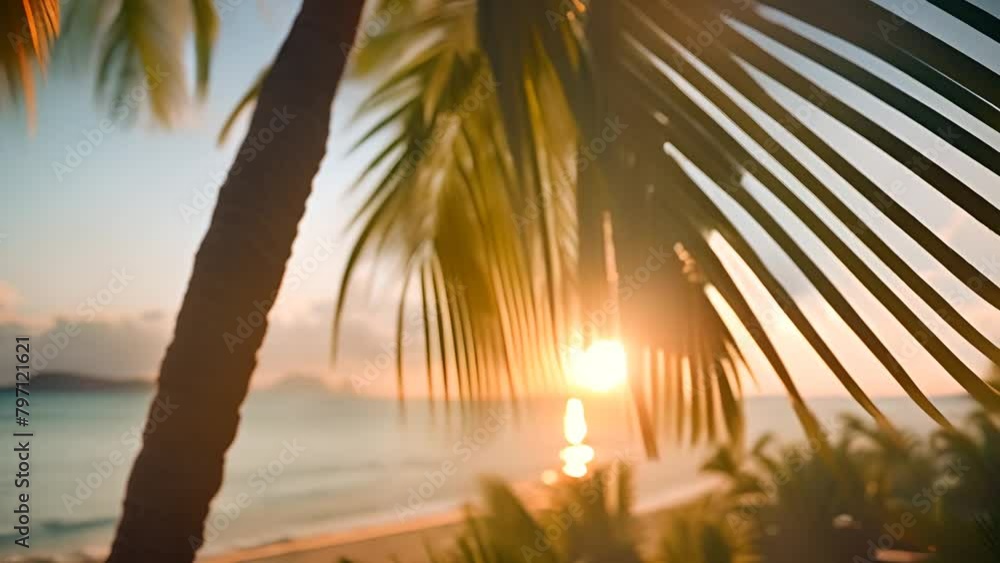 Poster sun setting behind palm tree on beach generative ai
