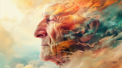 Creative abstract portrait picture of double exposure between old people and natural view surrounded with blue sky. Modern art of elderly man with side view combine between old man and nature. AIG42.