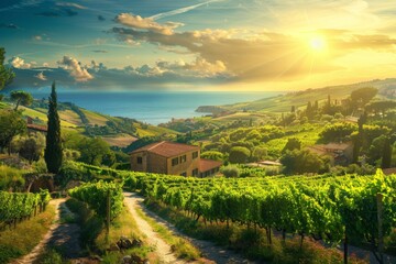 Sunset over vineyard with house in background, creating natural landscape