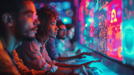 A diverse team of professionals intensely focused on analyzing complex data displayed on large, colorful futuristic screens.