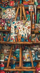 Craft a captivating scene of high-angle view art supplies in a whimsical