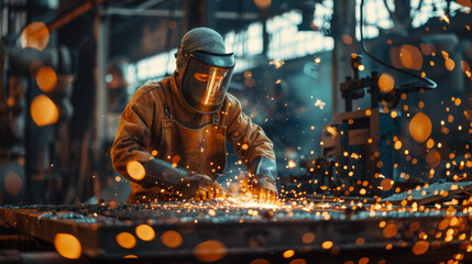 A skilled worker in protective gear intensively welding metal, with bright sparks flying in an industrial environment.