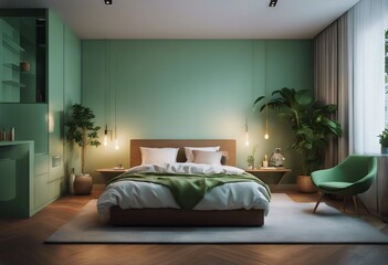 light green rendering Night 3D walls interior bedroom lighting Modern Evening