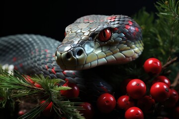 Fototapeta premium A snake with red eyes and black, gray and red scales is surrounded by red berries and spruce branches. Symbol of 2025.