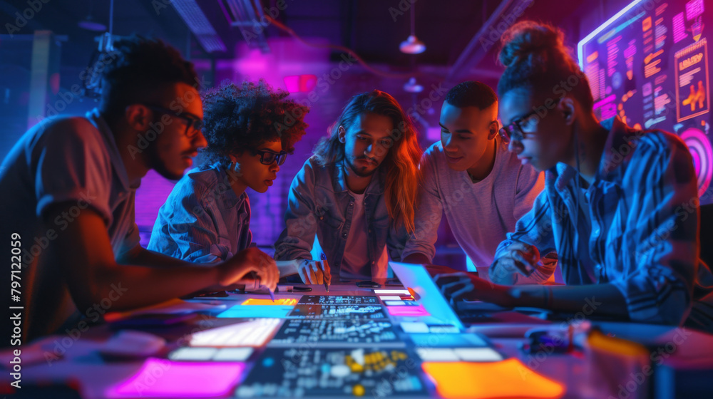 Poster a diverse group of tech professionals intensely collaborates around a high-tech digital interface in