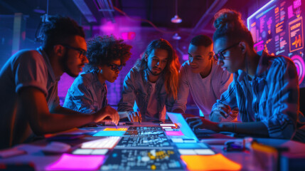 A diverse group of tech professionals intensely collaborates around a high-tech digital interface in a neon-lit room.