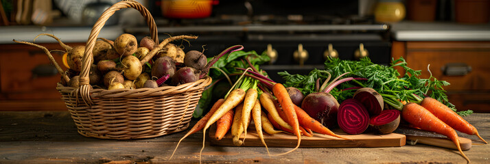 Preparing a Healthy, Hearty Meal with Freshly Harvested Root Vegatables - obrazy, fototapety, plakaty