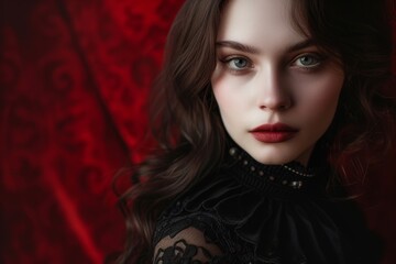 Fototapeta premium Elegant woman with captivating eyes against a luxurious red backdrop