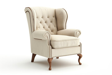 Classic wingback accent chair with nailhead trim and wooden legs isolated on solid white background.